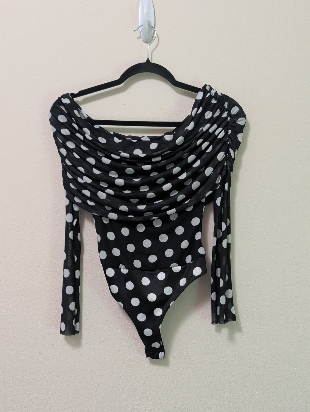 AFRM Black & White Polka Dot Off-Shoulder Long Sleeve Bodysuit